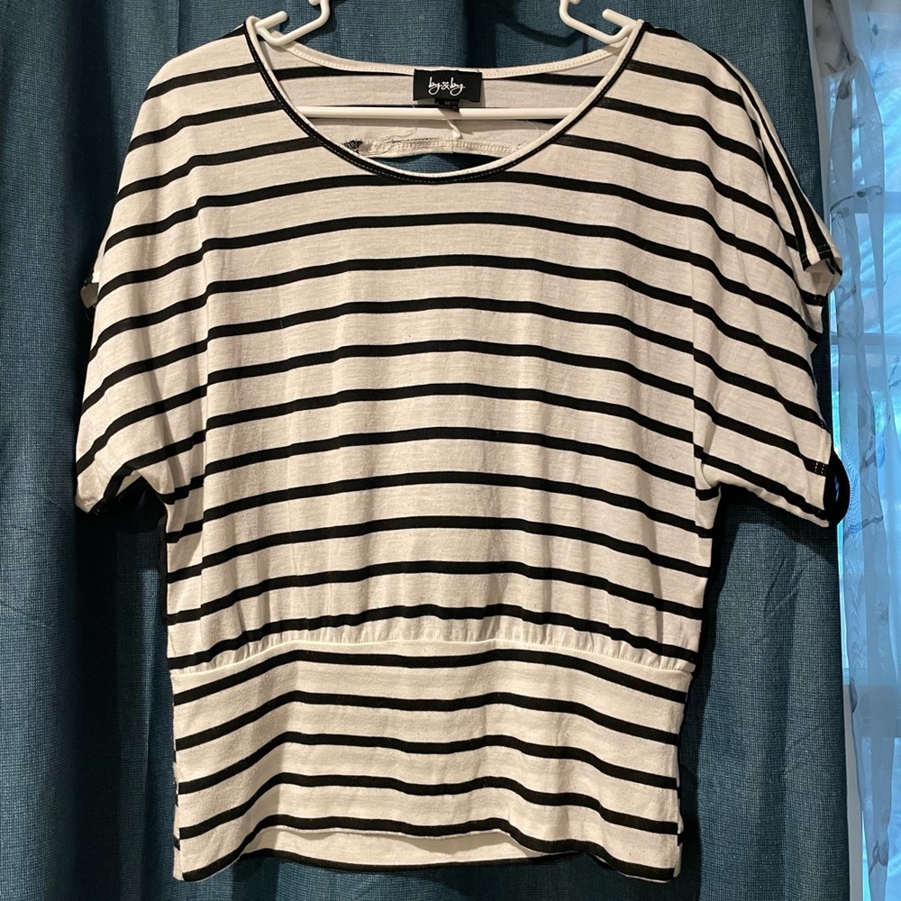 by & by Asymmetrical Cut Out Black and Cream Blouse